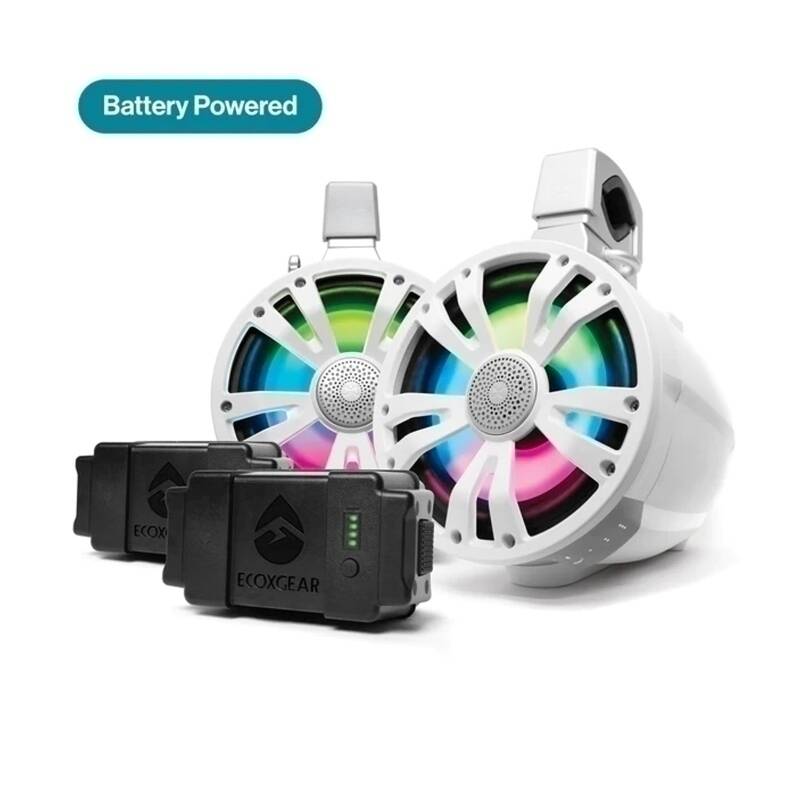 ECOXGEAR ETBB08 2-Pack White 8 Inch Marine Amplified Speakers + 2 Battery Pack