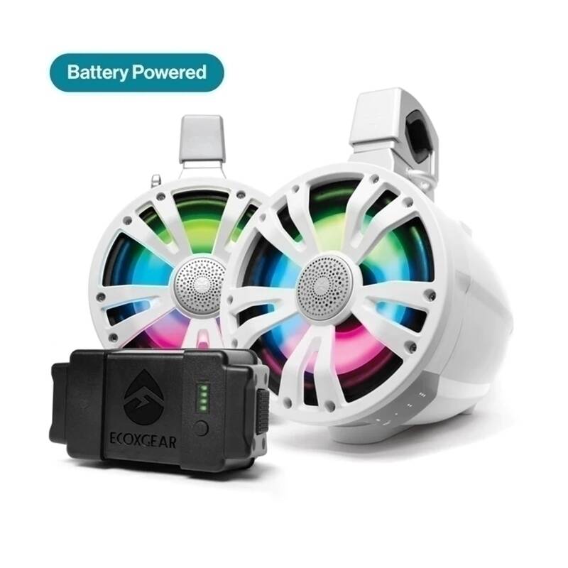 ECOXGEAR ETB08 2-Pack White 8 Inch Marine Amplified Speakers + 1 Battery Pack